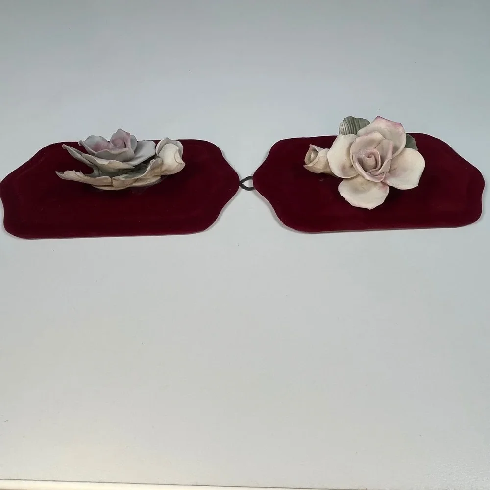 Vintage Ceramic Rose Wall Plaques Burgundy Velvet Italy Floral Pair 7 in x 4 in